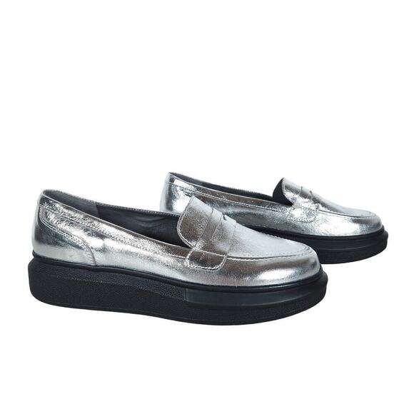 Girotti Loafers EU 40 Silver Metallic Leather Italian Platform Slip On Shoes - Picture 1 of 9